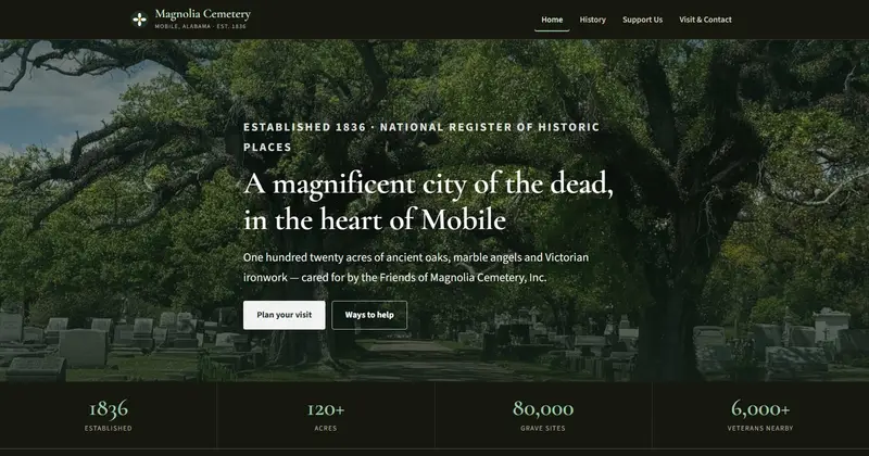 Screenshot: Magnolia Cemetery homepage
